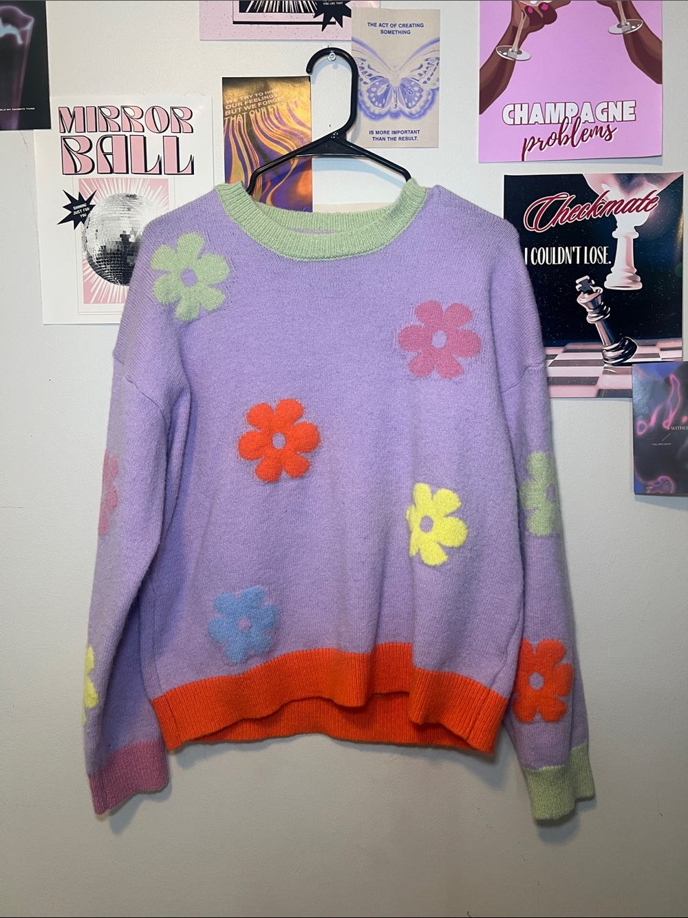 easel Lavender Crewneck Sweater with Multicolor Floral Appliqués